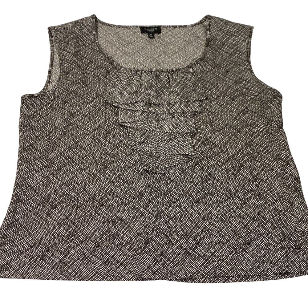 Talbots 6P petite sleeveless shell top ruffle front brown & white silky dressy